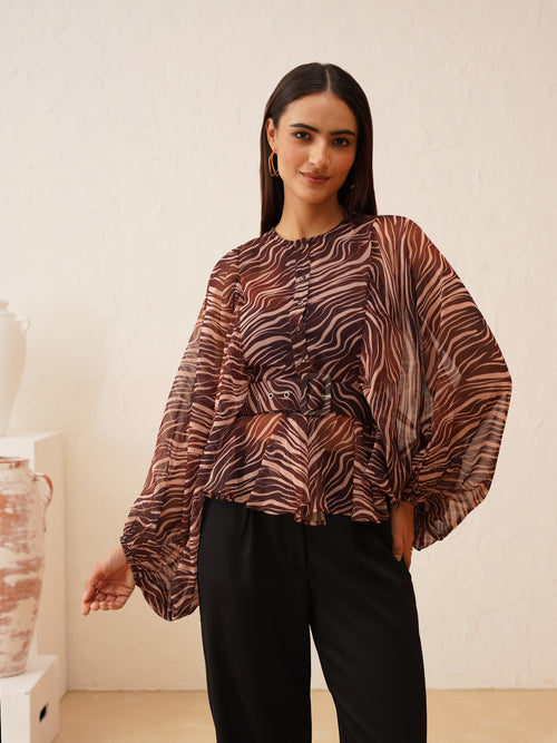 Animal Print Batwing Sleeve Top with Belt Beatnik India
