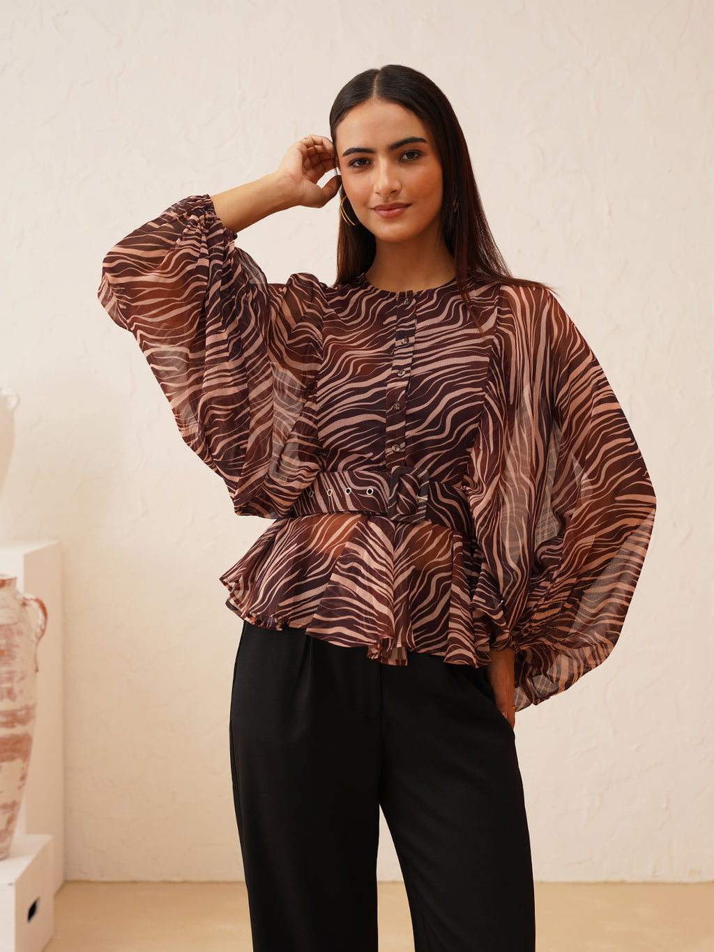 Animal Print Batwing Sleeve Top with Belt Beatnik India