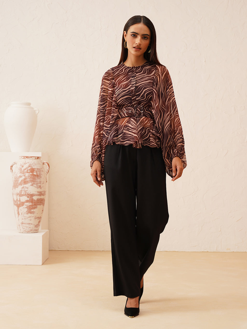 Animal Print Batwing Sleeve Top with Belt Beatnik India