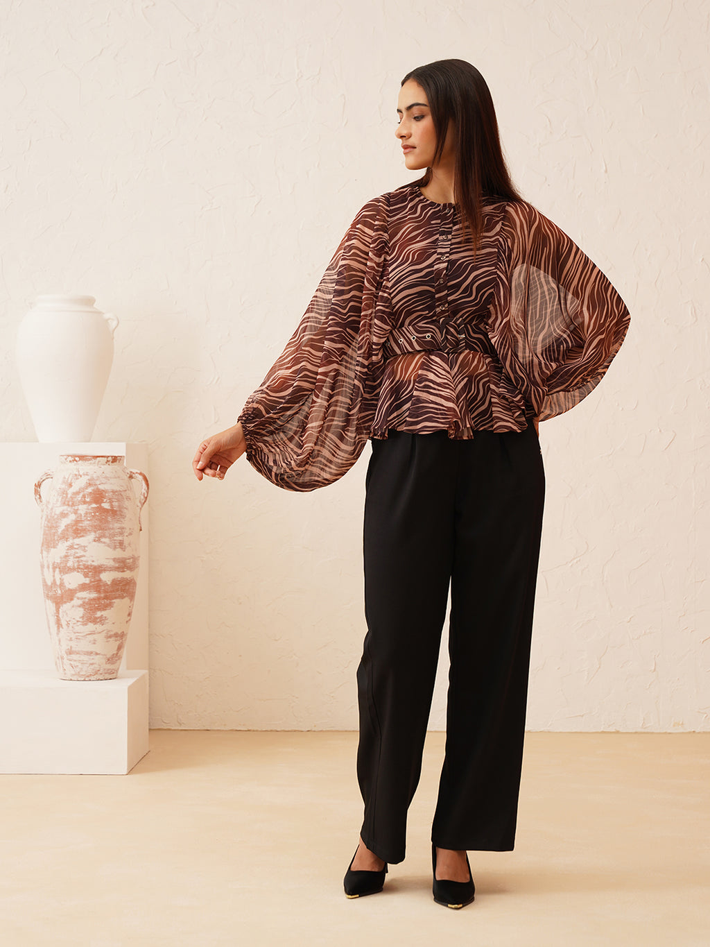 Animal Print Batwing Sleeve Top with Belt Beatnik India