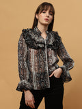 Beatnik Ruffled Collar Bishop Sleeve Animal Print Top Beatnik India