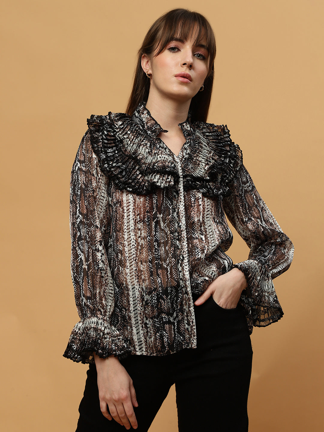 Beatnik Ruffled Collar Bishop Sleeve Animal Print Top Beatnik India