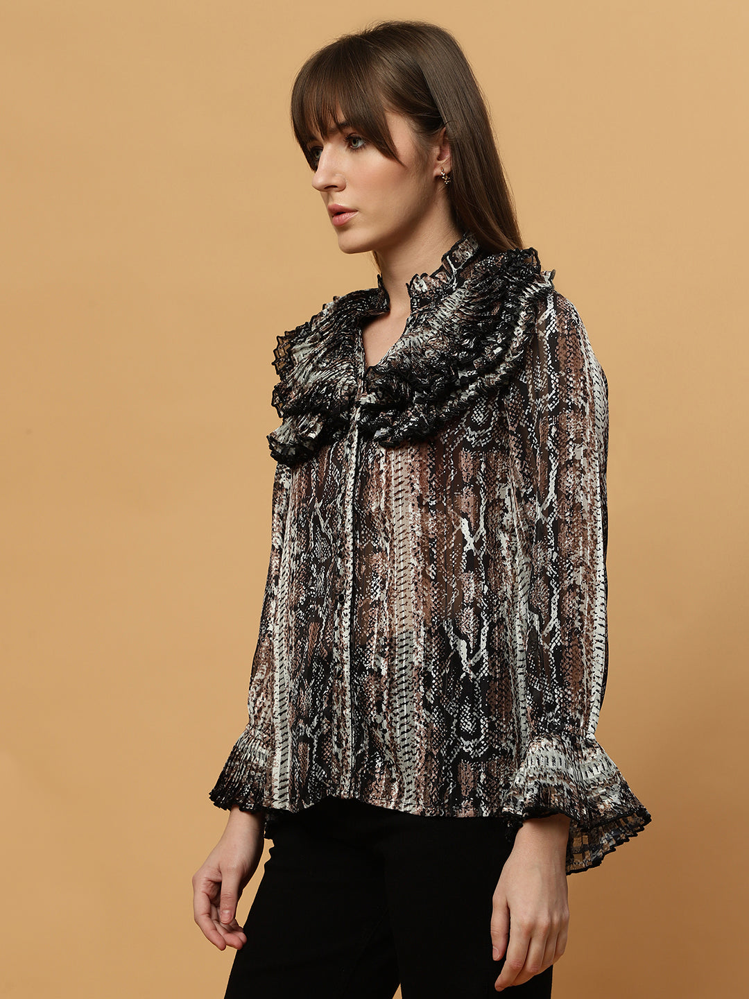 Beatnik Ruffled Collar Bishop Sleeve Animal Print Top Beatnik India
