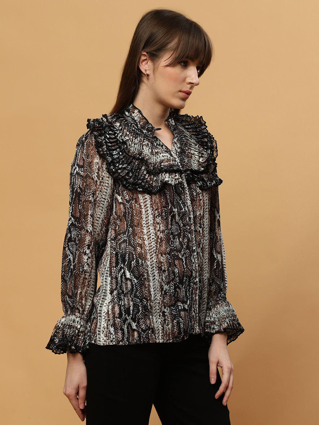 Beatnik Ruffled Collar Bishop Sleeve Animal Print Top Beatnik India