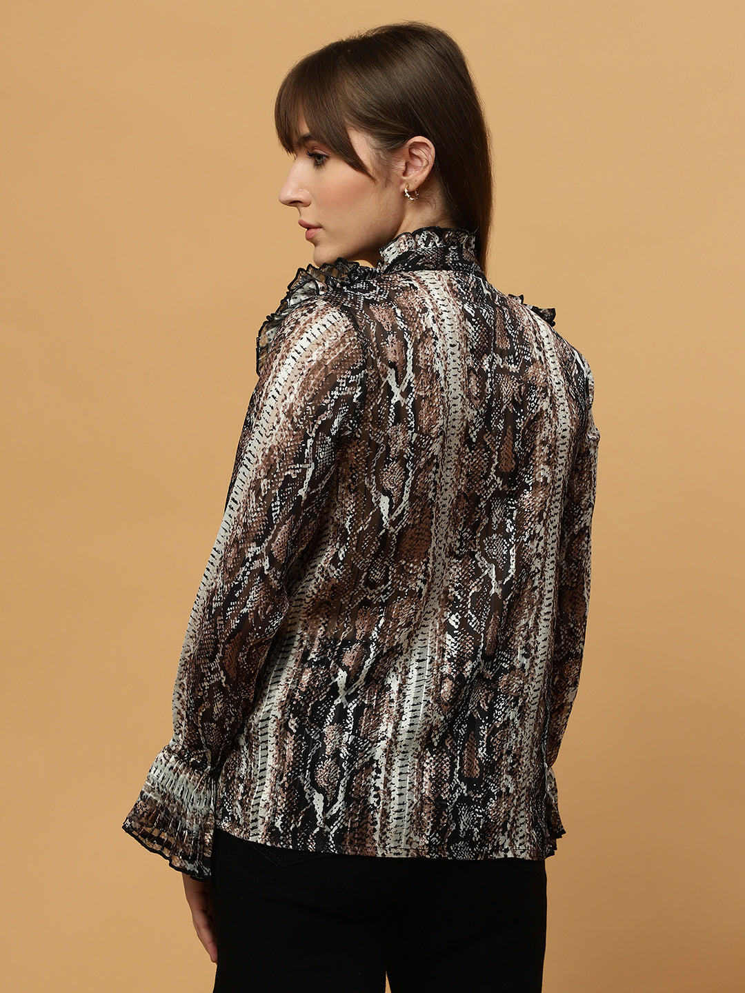 Beatnik Ruffled Collar Bishop Sleeve Animal Print Top Beatnik India