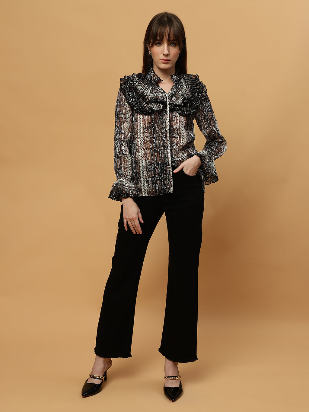 Beatnik Ruffled Collar Bishop Sleeve Animal Print Top Beatnik India