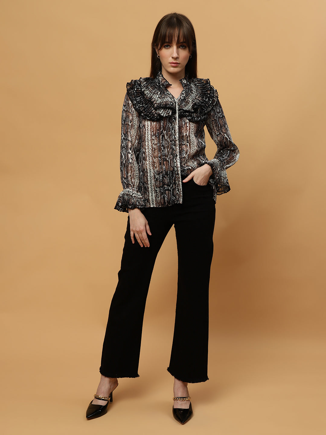 Beatnik Ruffled Collar Bishop Sleeve Animal Print Top Beatnik India