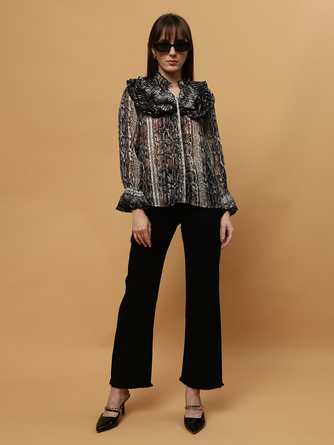 Beatnik Ruffled Collar Bishop Sleeve Animal Print Top Beatnik India