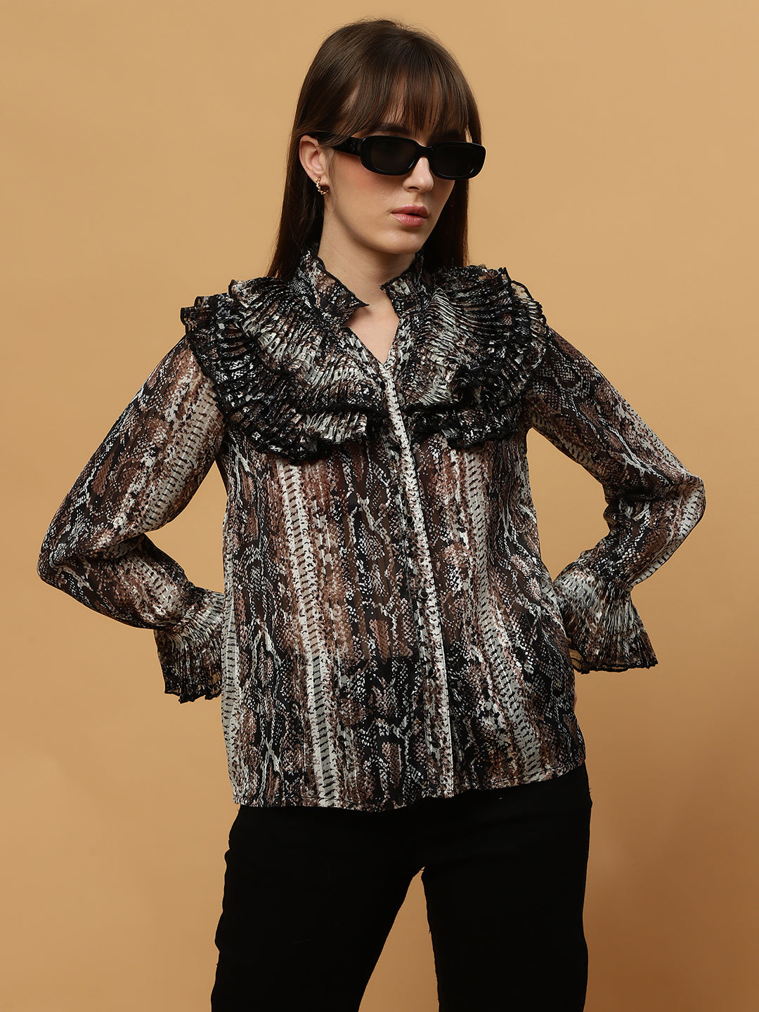 Beatnik Ruffled Collar Bishop Sleeve Animal Print Top Beatnik India