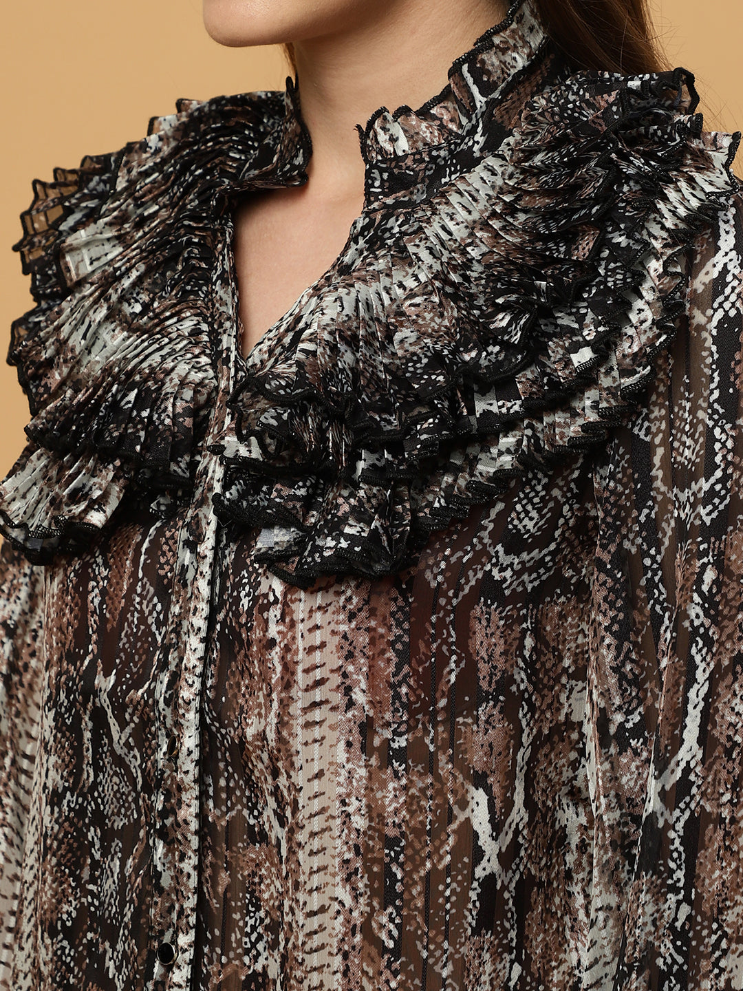 Beatnik Ruffled Collar Bishop Sleeve Animal Print Top Beatnik India