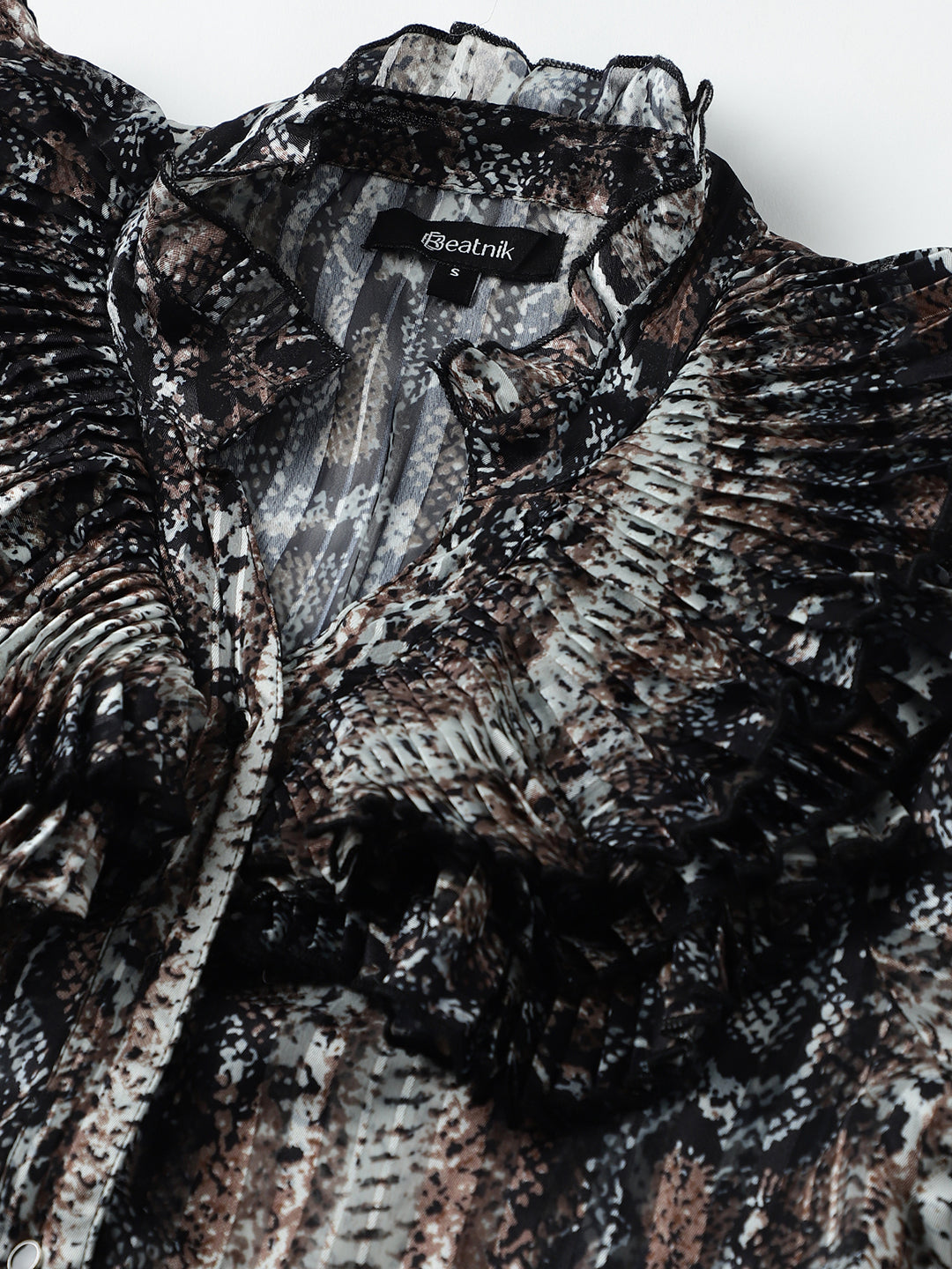 Beatnik Ruffled Collar Bishop Sleeve Animal Print Top Beatnik India