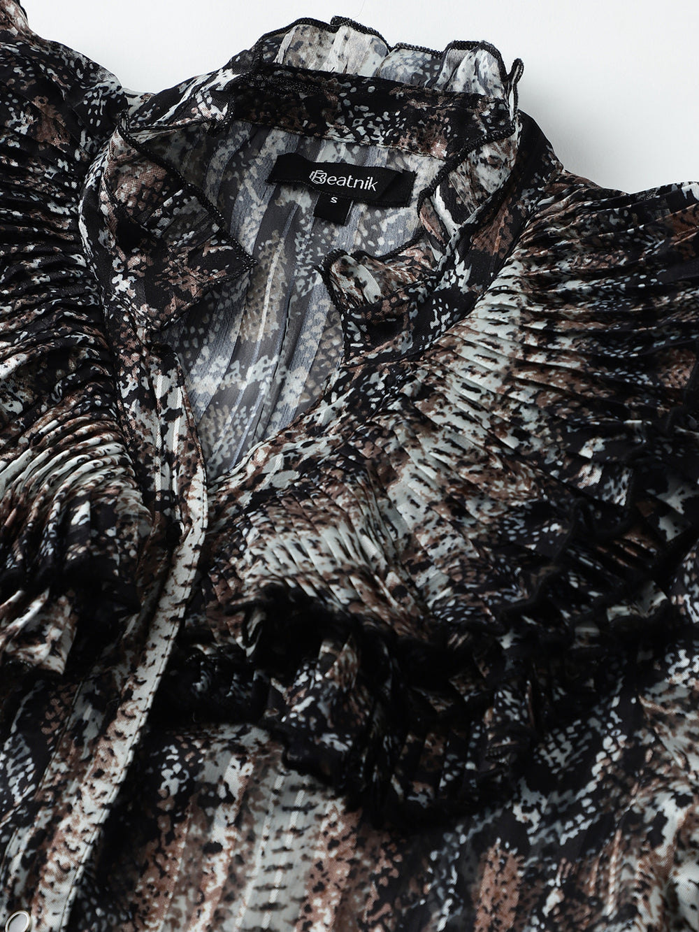 Beatnik Ruffled Collar Bishop Sleeve Animal Print Top Beatnik India