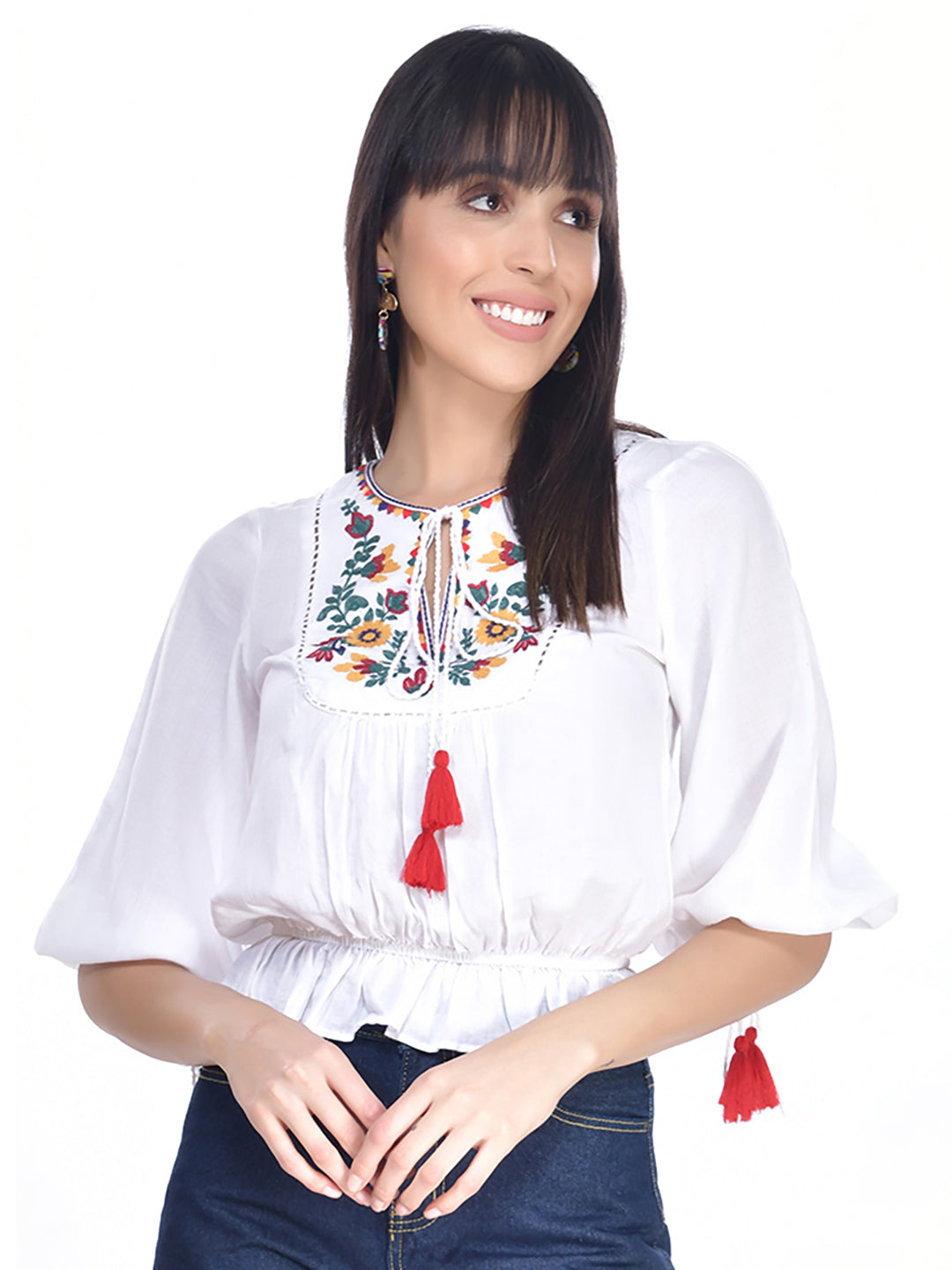 Beatnik Cotton Round Neck White Womens Top