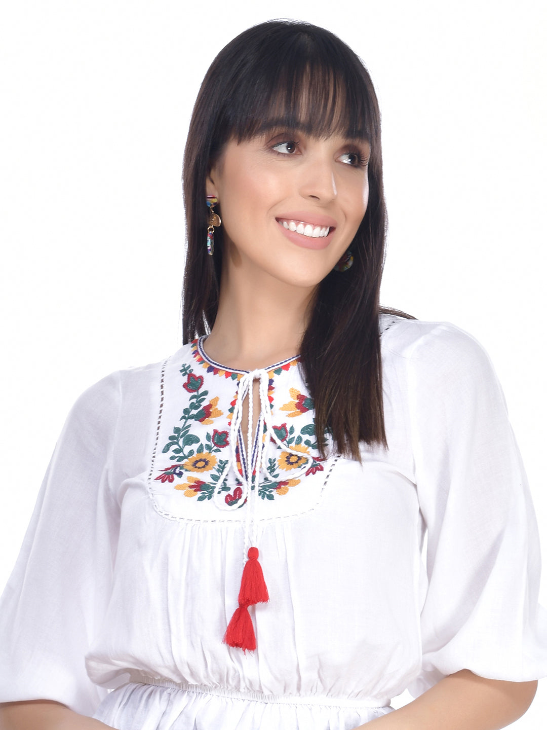 Beatnik Cotton Round Neck White Womens Top