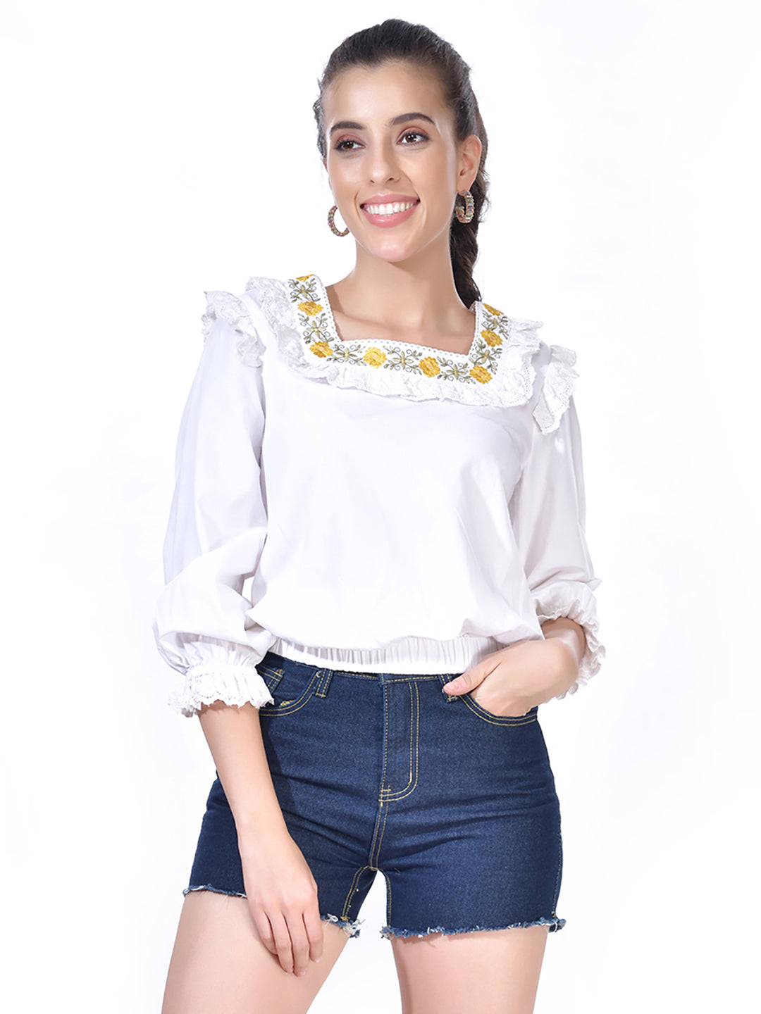 Beatnik Cotton Square Neck White Womens Top