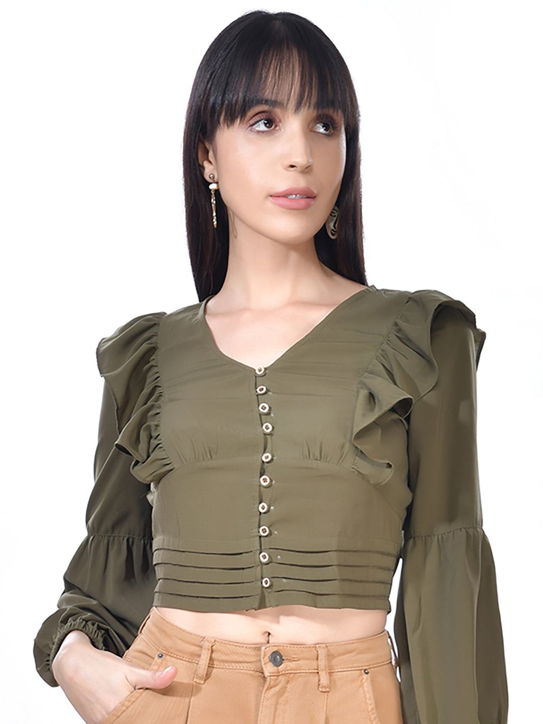 Beatnik Cotton V-neck Green Womens Top Beatnik India