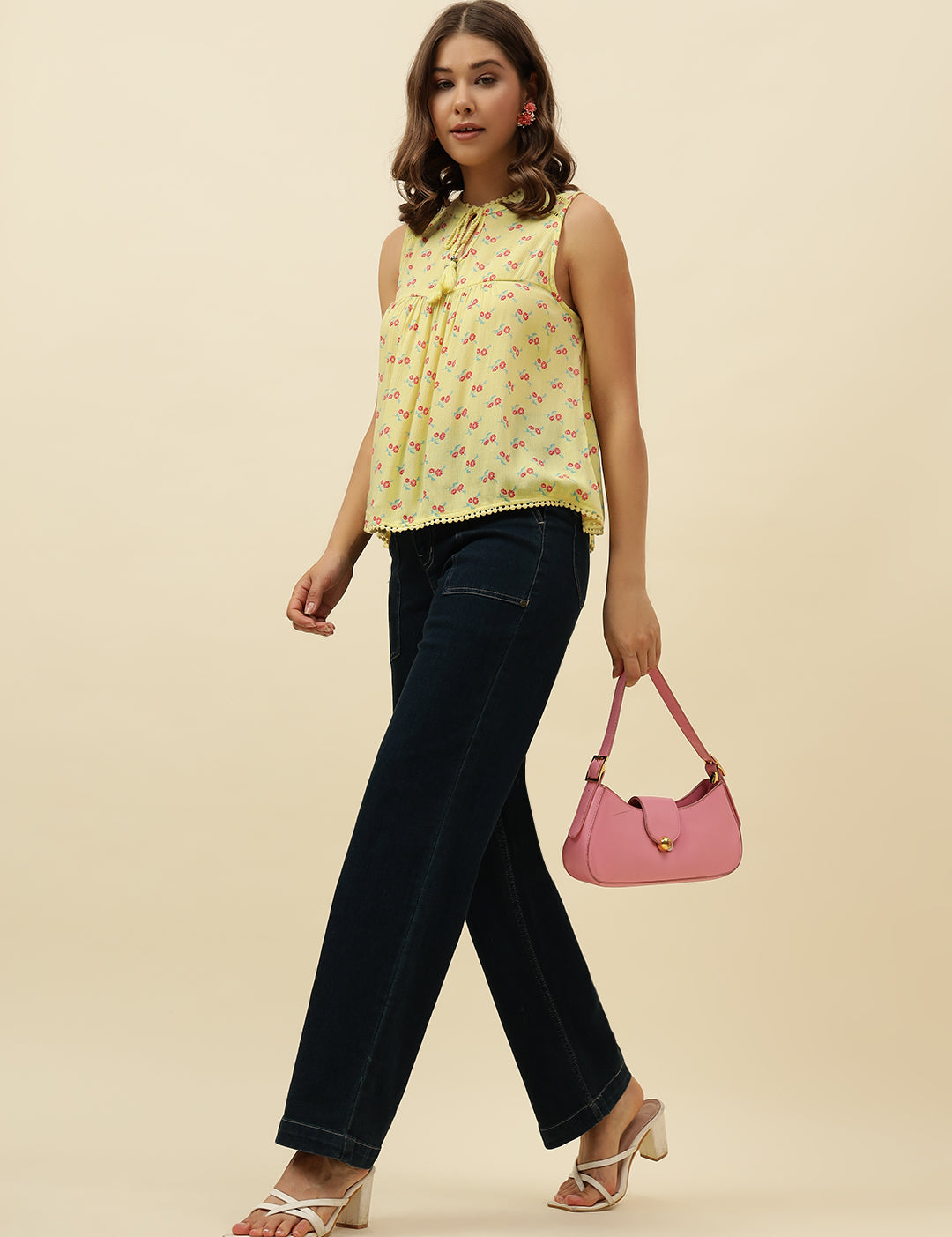 Beatnik Cotton Round Neck Yellow Womens Top Beatnik India