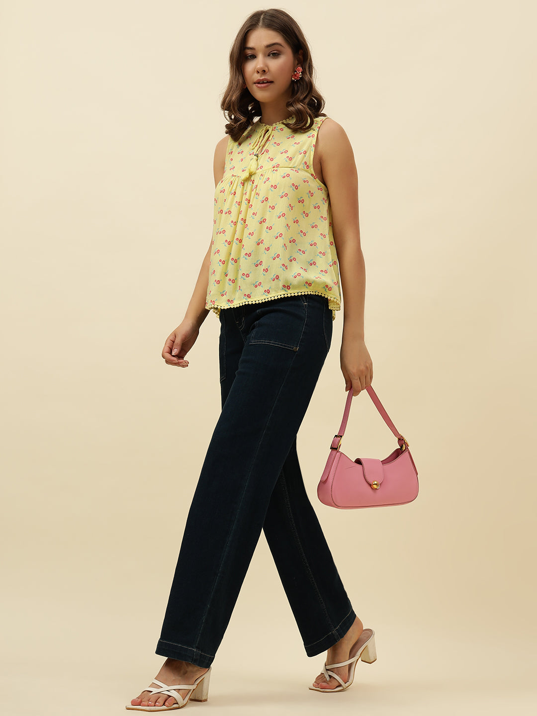 Beatnik Cotton Round Neck Yellow Womens Top Beatnik India