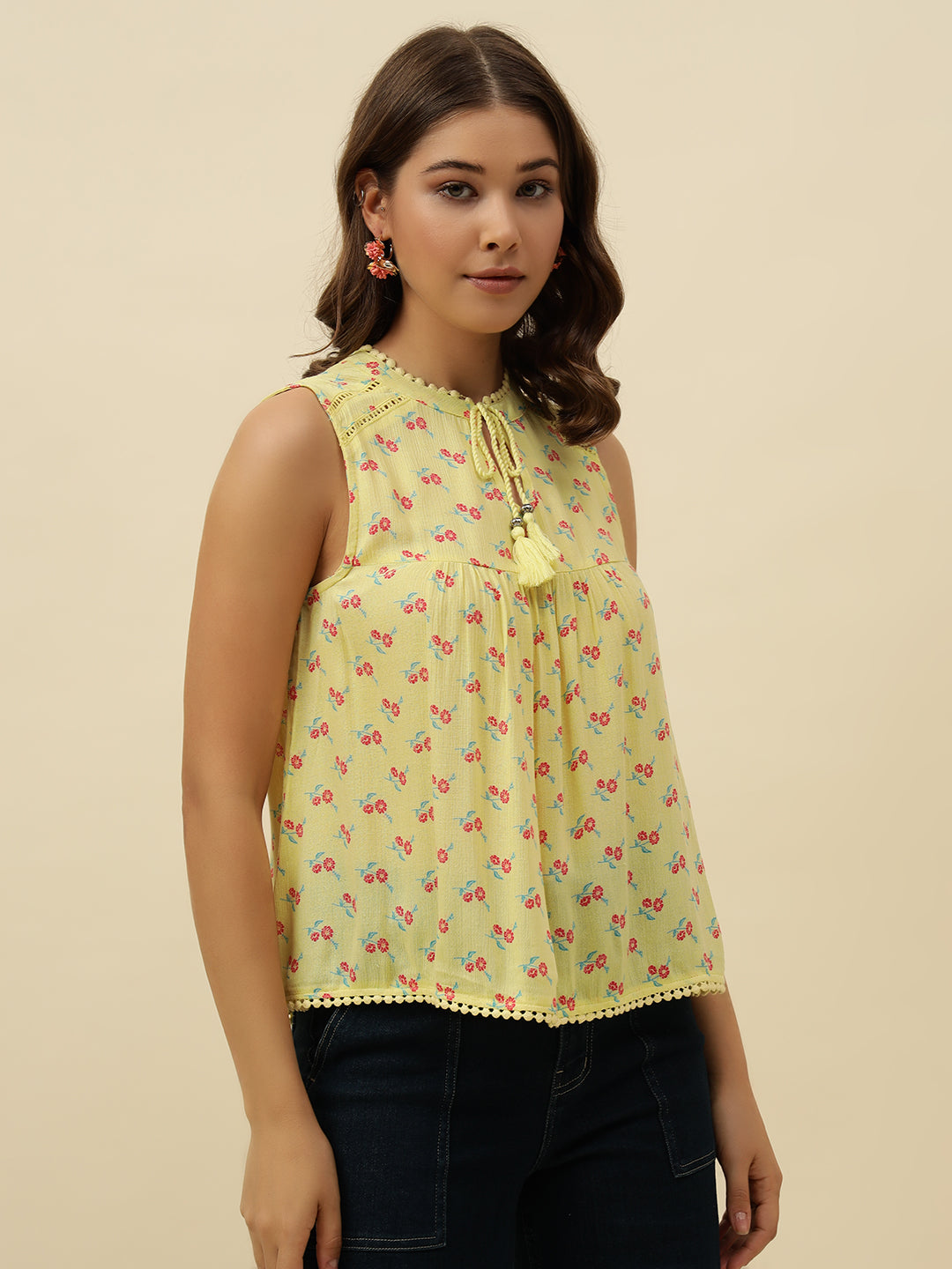 Beatnik Cotton Round Neck Yellow Womens Top Beatnik India