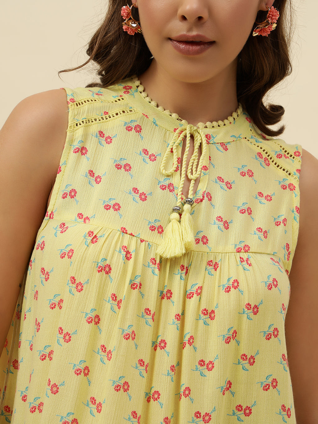 Beatnik Cotton Round Neck Yellow Womens Top Beatnik India