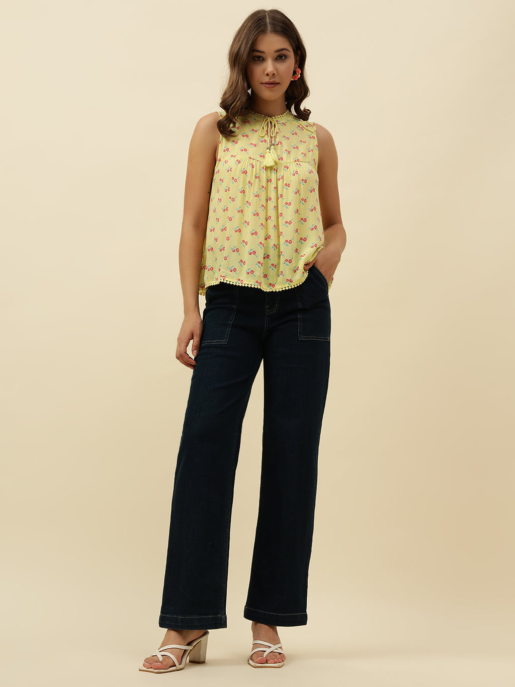 Beatnik Cotton Round Neck Yellow Womens Top Beatnik India