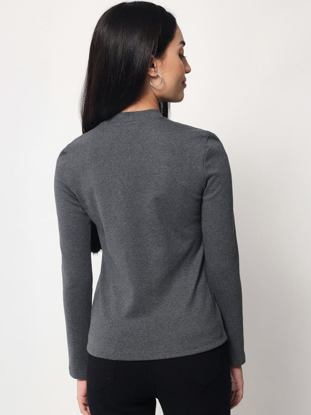 Light Winter Casual Wear Dark Grey A-Line Zip Neck Top Beatnik India