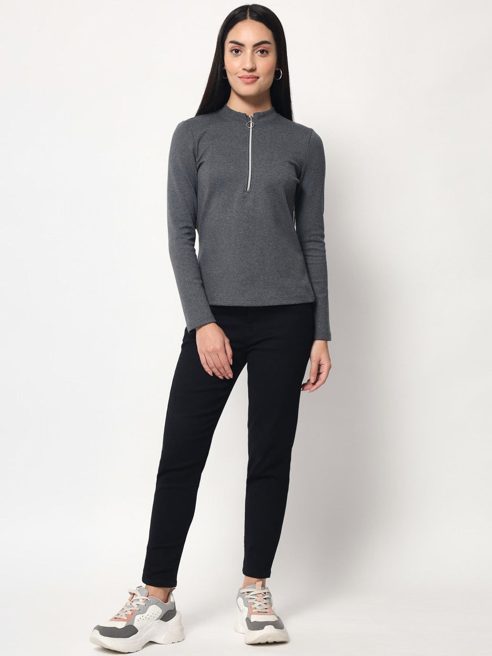Light Winter Casual Wear Dark Grey A-Line Zip Neck Top Beatnik India