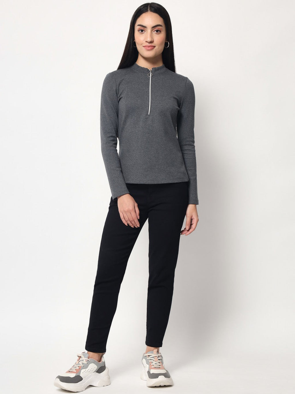 Light Winter Casual Wear Dark Grey A-Line Zip Neck Top Beatnik India