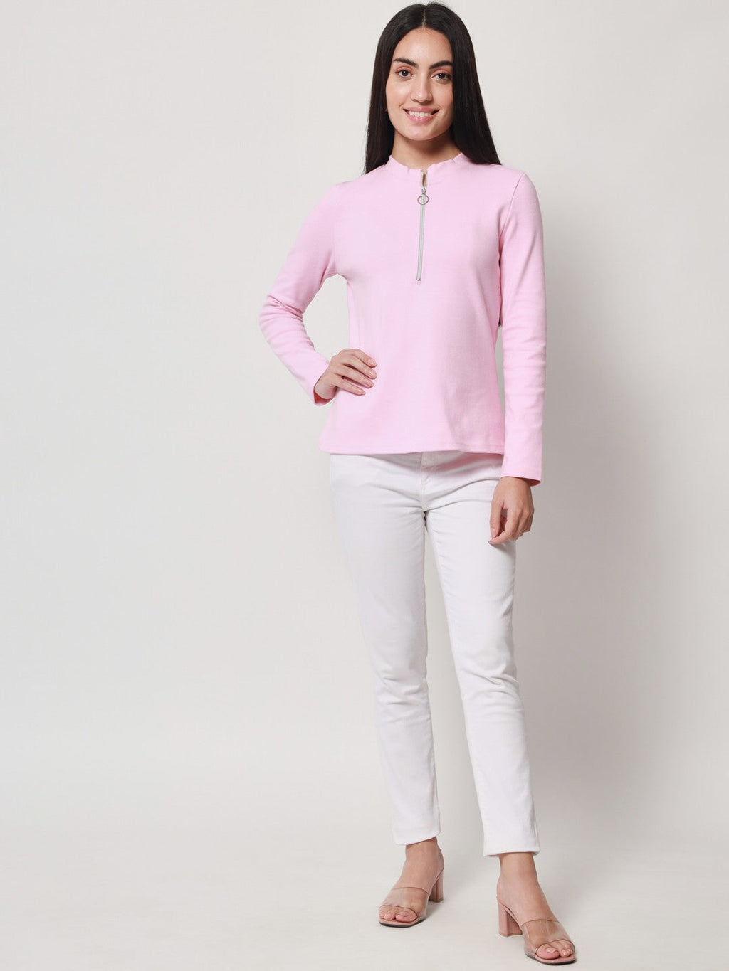 Light Winter Casual Wear Pink A-Line Zip Neck Top Beatnik India