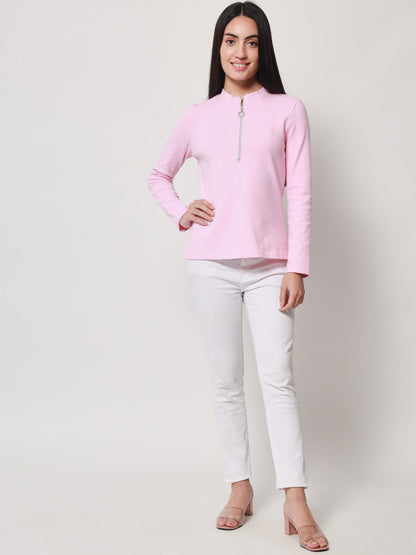Light Winter Casual Wear Pink A-Line Zip Neck Top Beatnik India