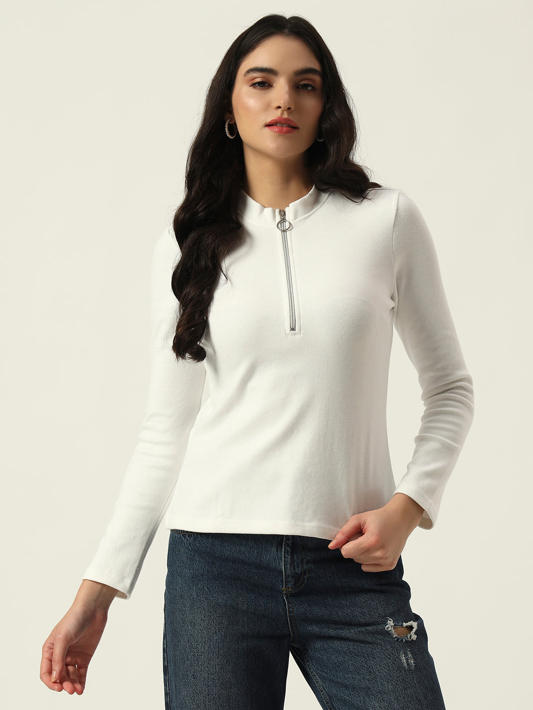 Light Winter Casual Wear White A-Line Zip Neck Top