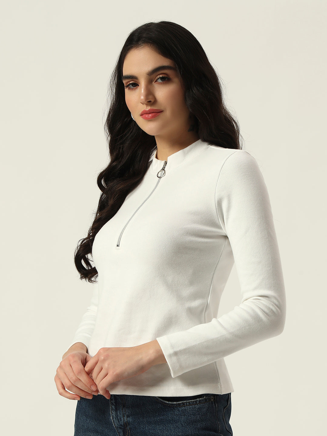 Light Winter Casual Wear White A-Line Zip Neck Top
