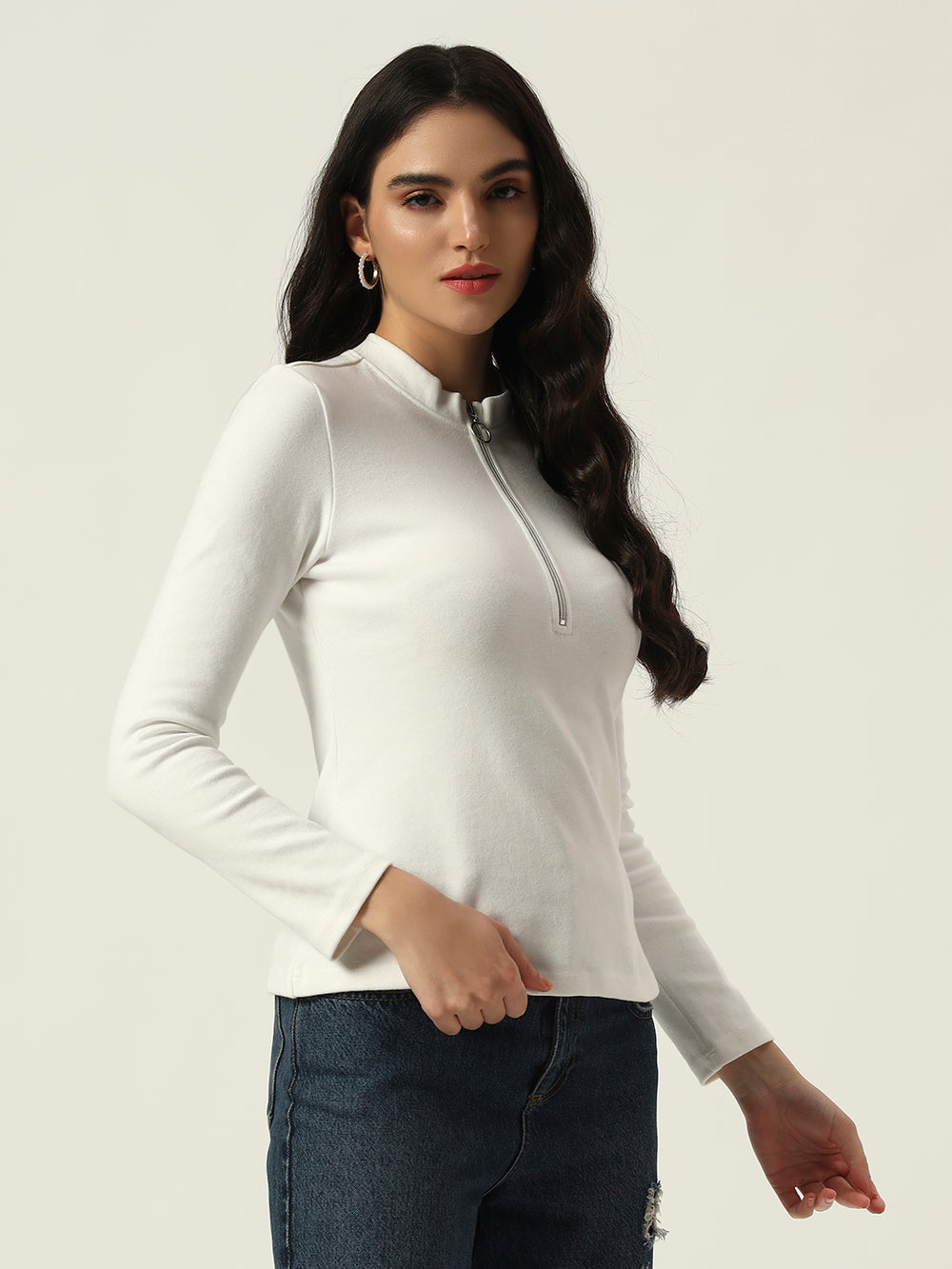 Light Winter Casual Wear White A-Line Zip Neck Top