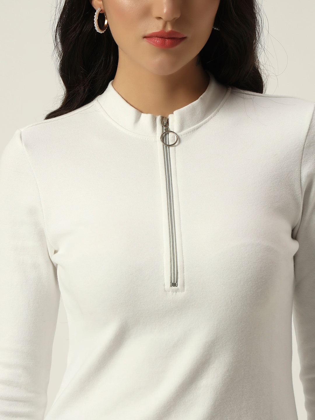 Light Winter Casual Wear White A-Line Zip Neck Top
