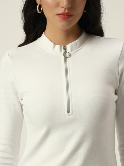 Light Winter Casual Wear White A-Line Zip Neck Top