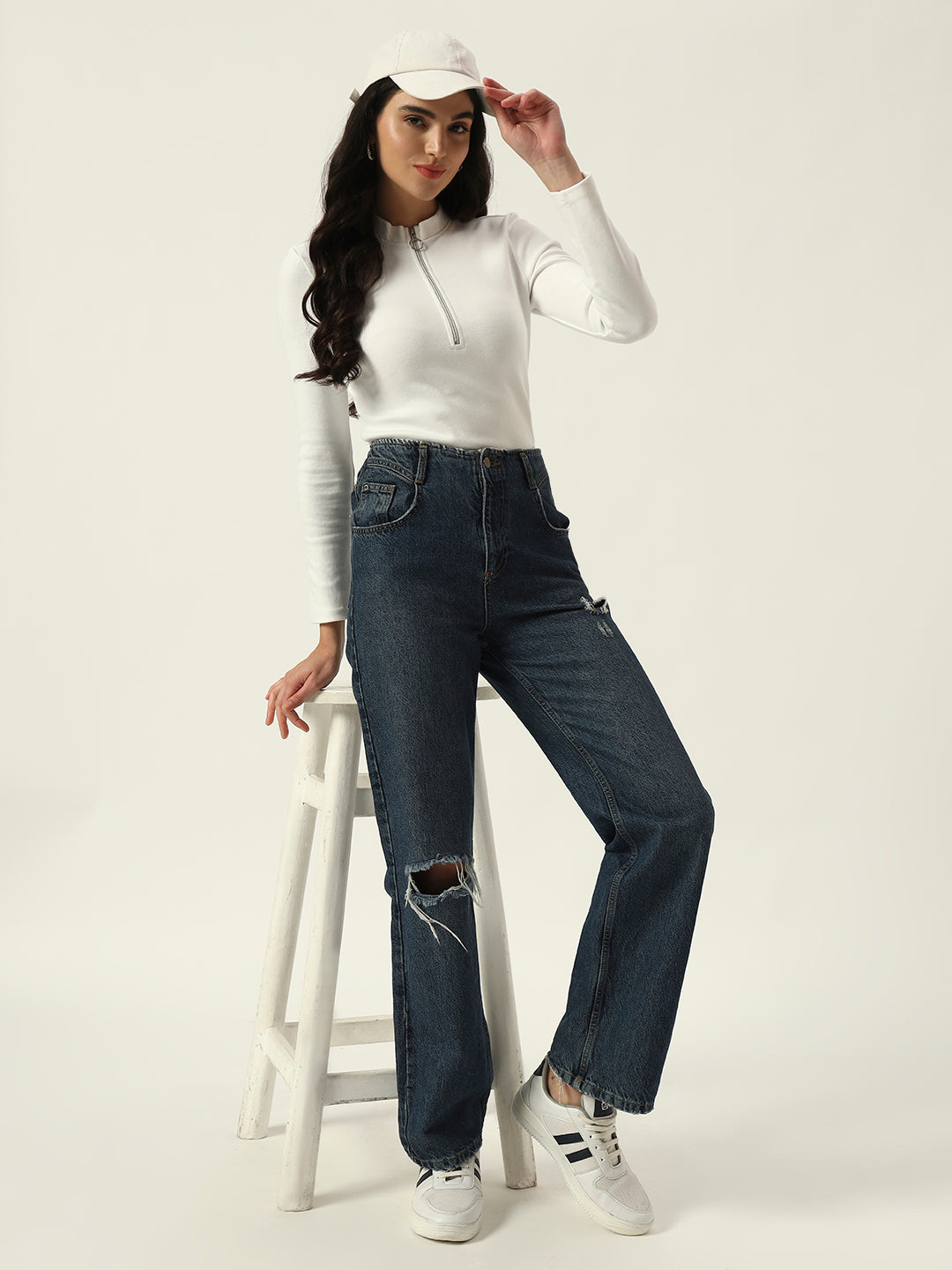 Light Winter Casual Wear White A-Line Zip Neck Top