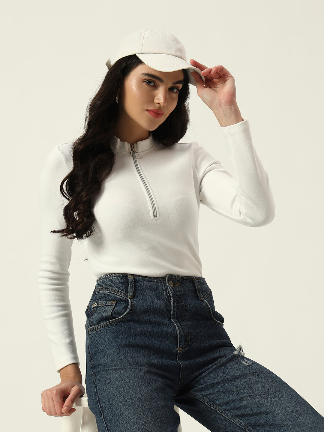 Light Winter Casual Wear White A-Line Zip Neck Top