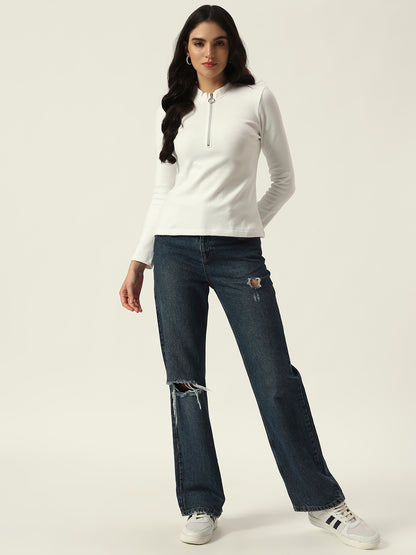 Light Winter Casual Wear White A-Line Zip Neck Top