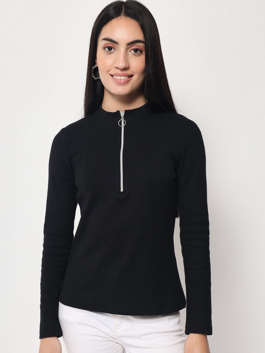 Light Winter Casual Wear Black A-Line Zip Neck Top Beatnik India