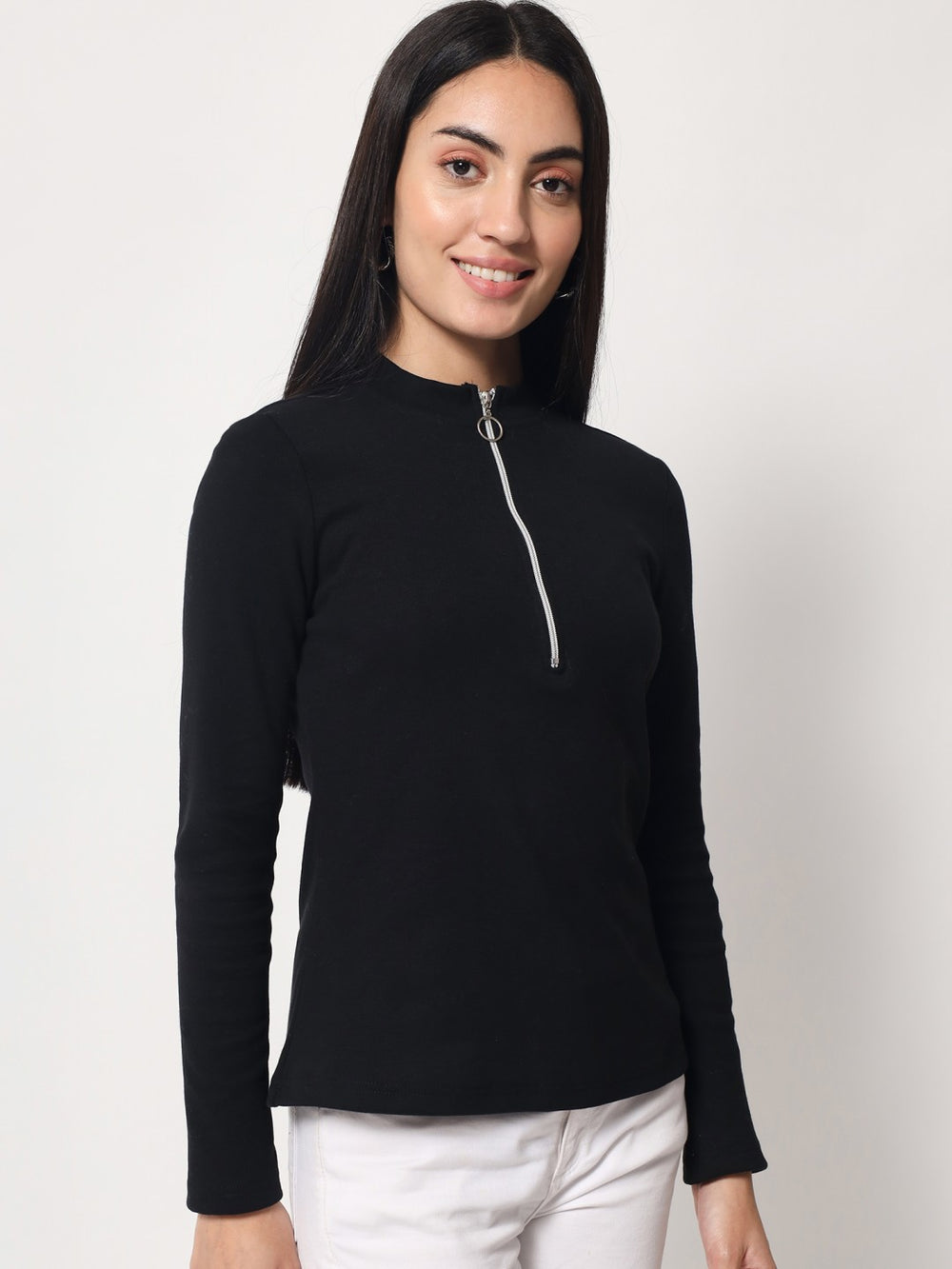 Light Winter Casual Wear Black A-Line Zip Neck Top Beatnik India