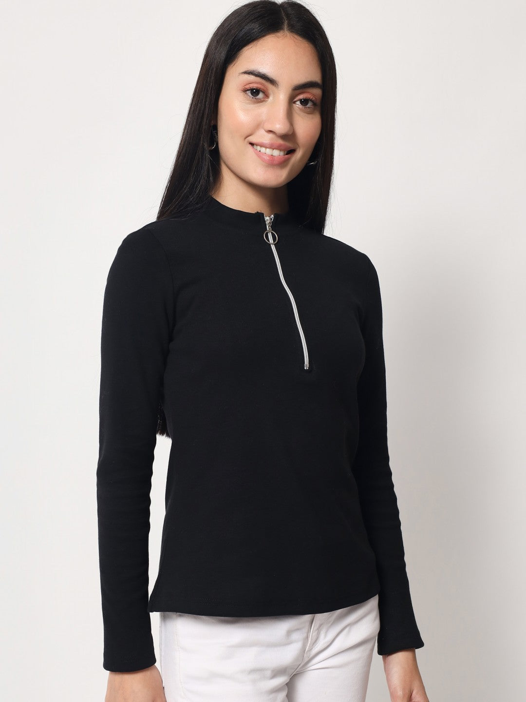 Light Winter Casual Wear Black A-Line Zip Neck Top Beatnik India