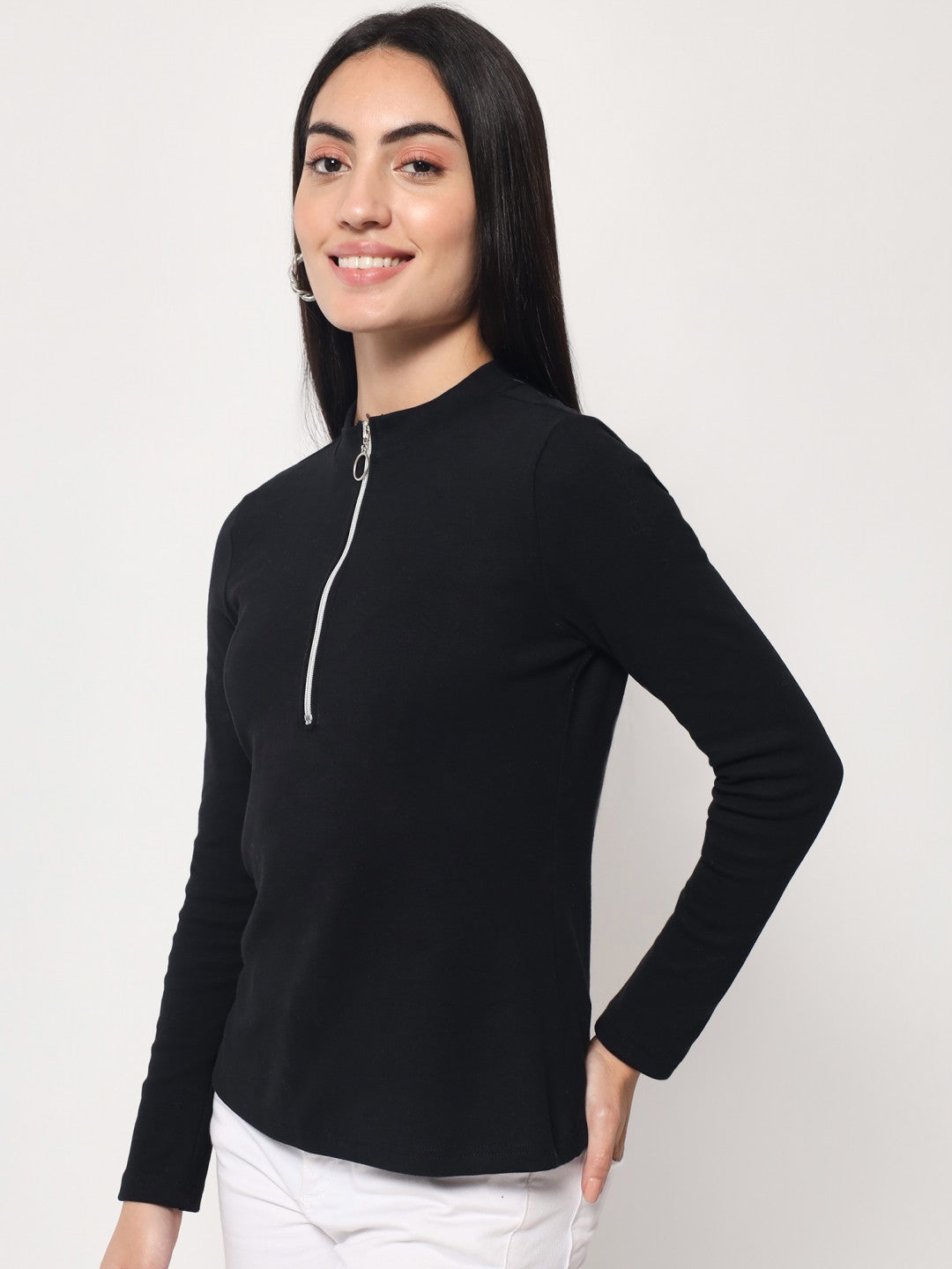 Light Winter Casual Wear Black A-Line Zip Neck Top Beatnik India