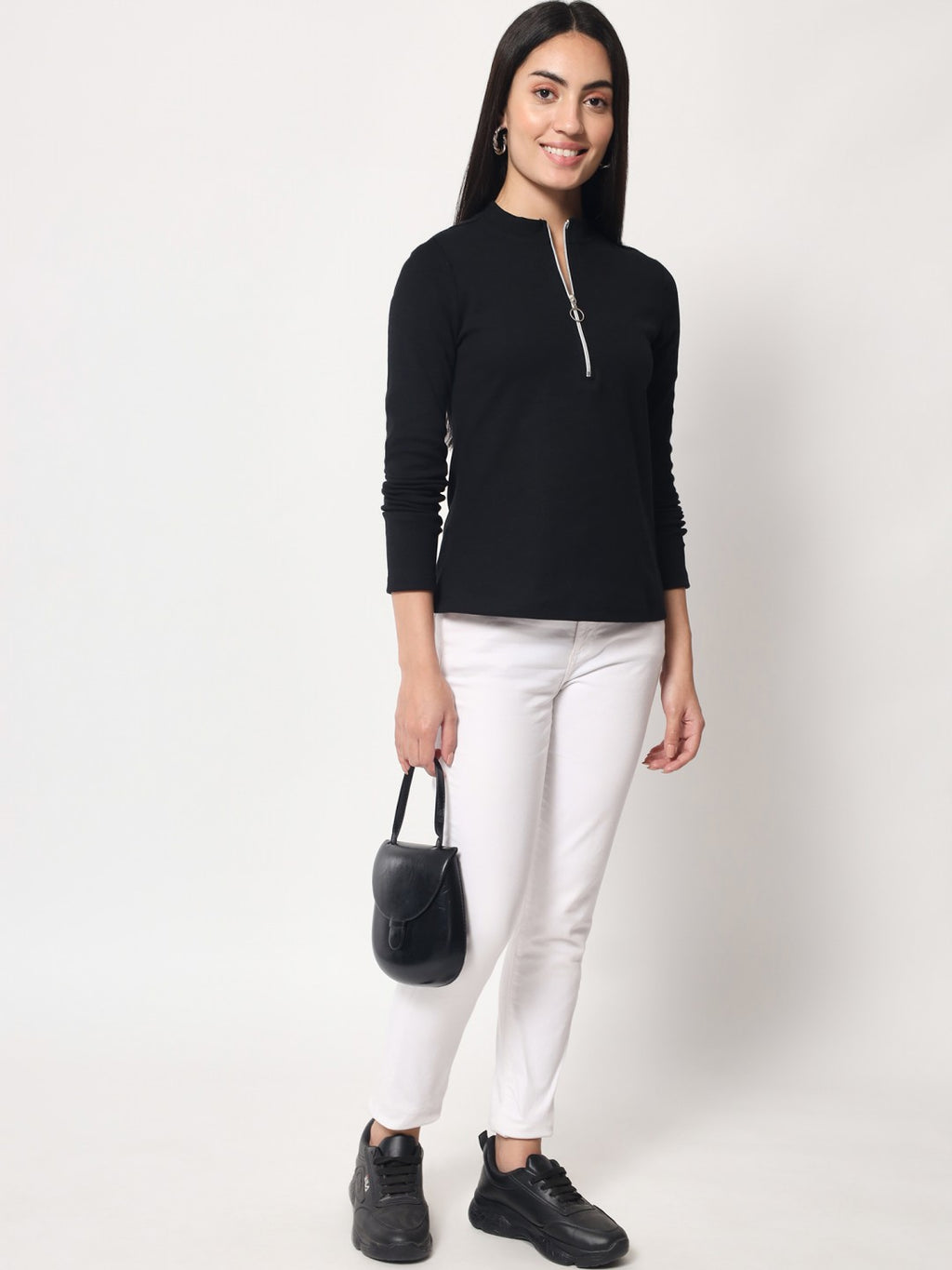 Light Winter Casual Wear Black A-Line Zip Neck Top Beatnik India