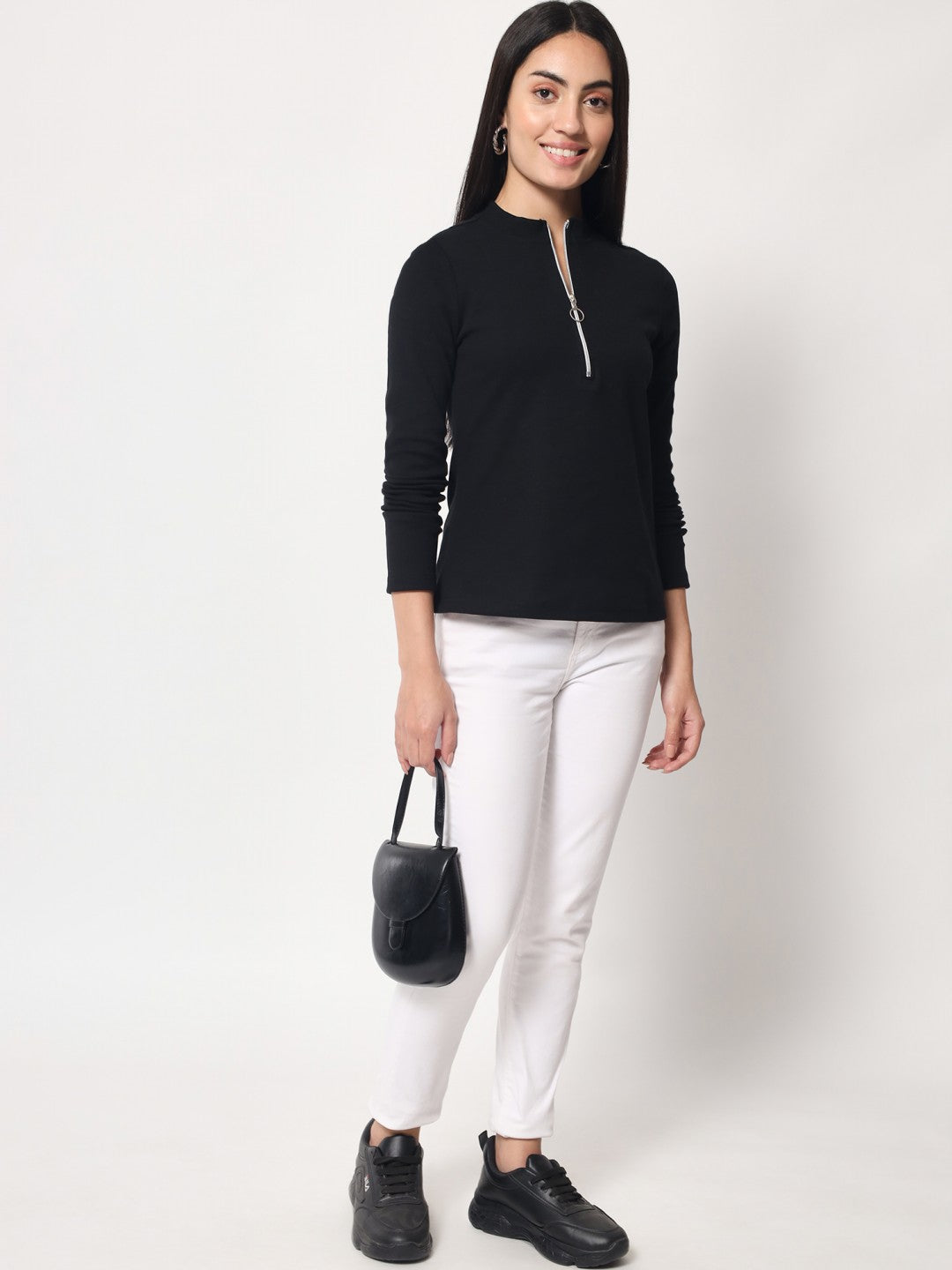 Light Winter Casual Wear Black A-Line Zip Neck Top Beatnik India