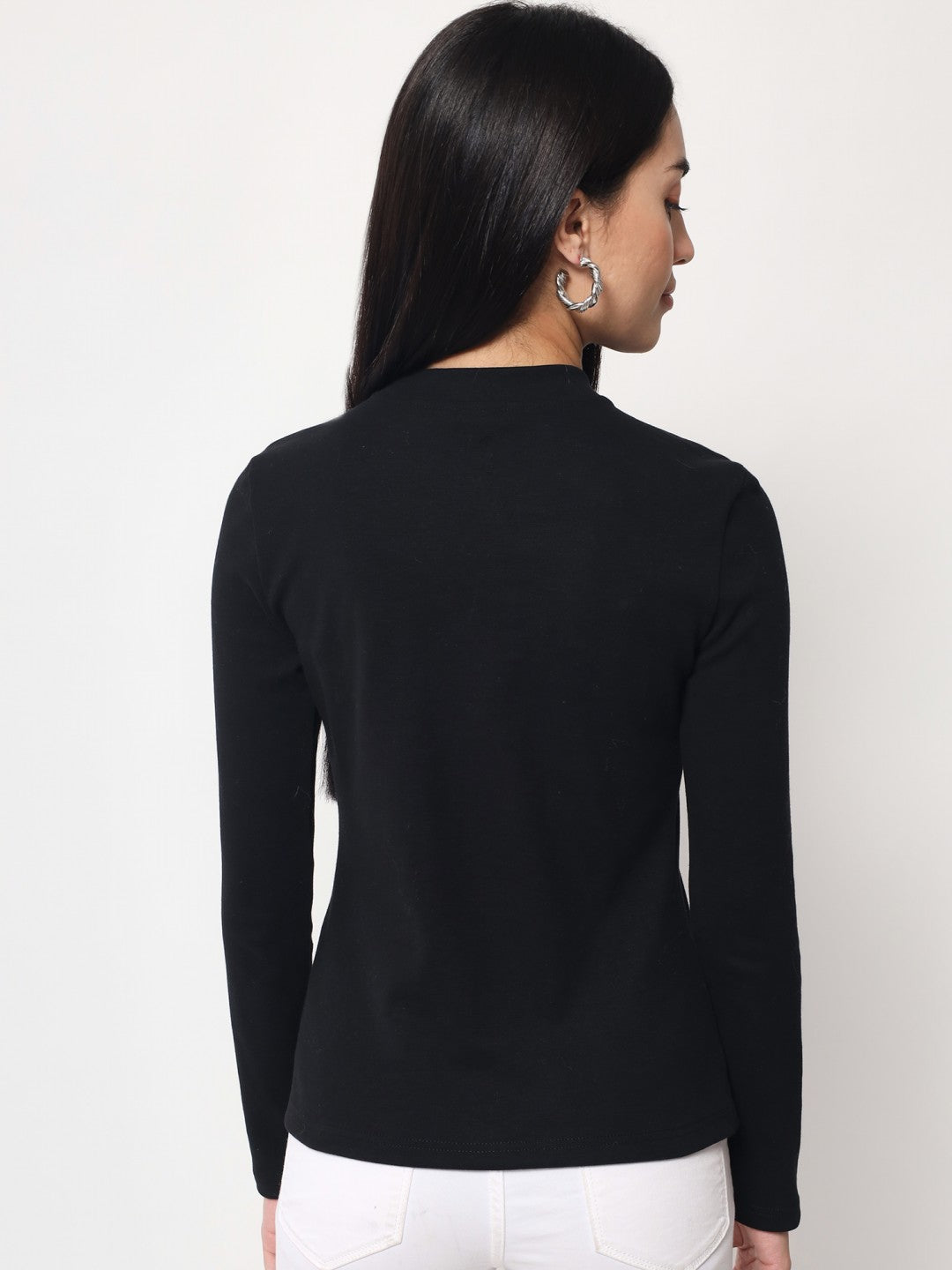Light Winter Casual Wear Black A-Line Zip Neck Top Beatnik India