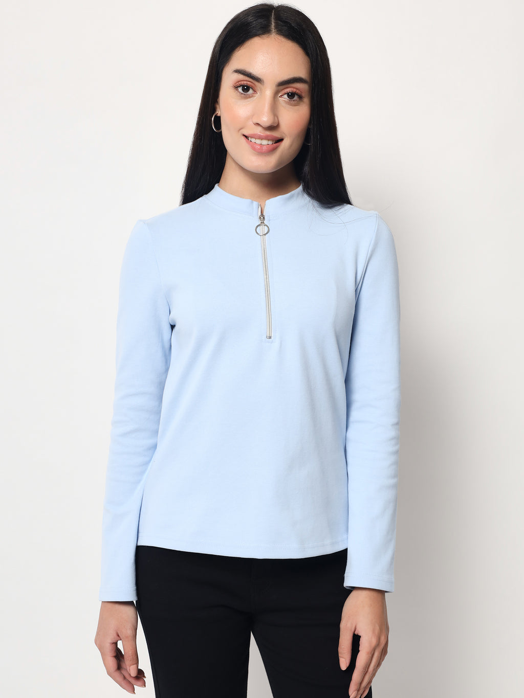 Light Winter Casual Wear Sky Blue A-Line Zip Neck Top Beatnik India