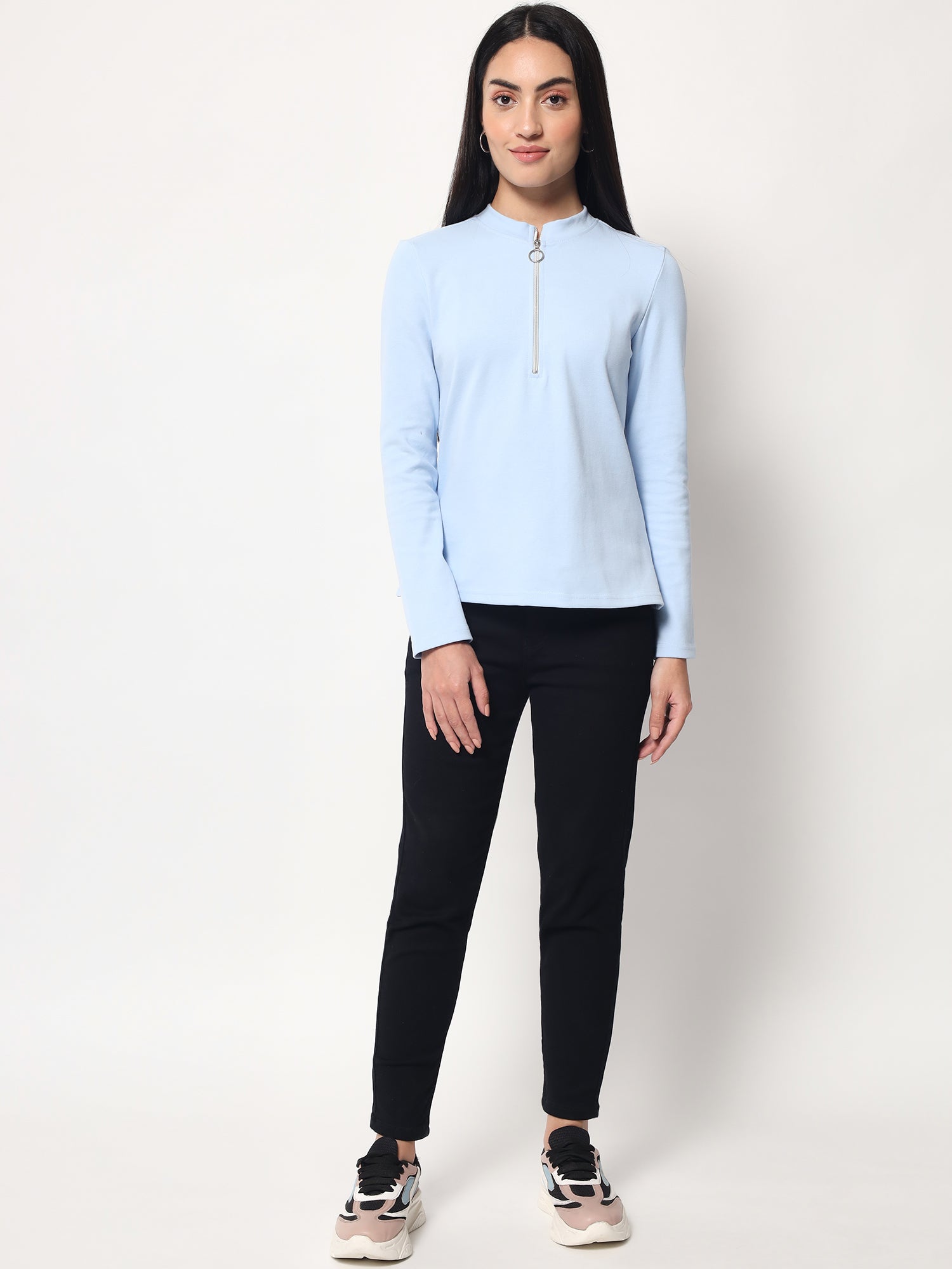 Light Winter Casual Wear Sky Blue A-Line Zip Neck Top Beatnik India