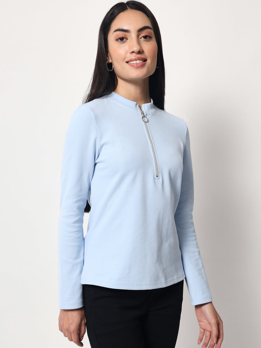 Light Winter Casual Wear Sky Blue A-Line Zip Neck Top Beatnik India