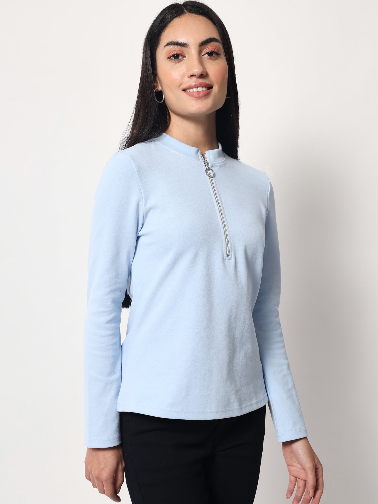 Light Winter Casual Wear Sky Blue A-Line Zip Neck Top Beatnik India