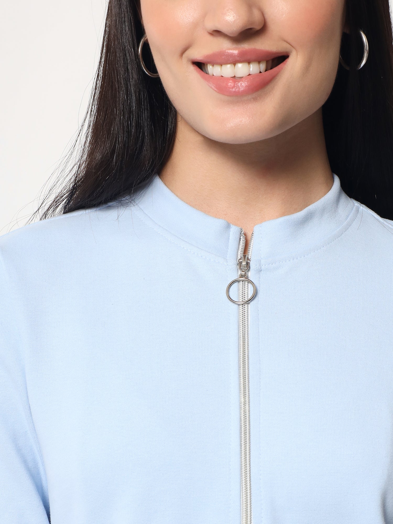 Light Winter Casual Wear Sky Blue A-Line Zip Neck Top Beatnik India